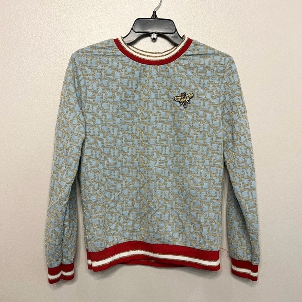 H&M Womens Blue and Gold Striped Bumblebee Embellished Sweatshirt Size XS